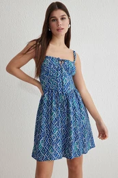 Blue Geometric Mini Woven Dress with Open Waist Skirt