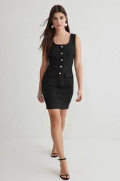 Black A Cut Button Detail Mini Woven Dress