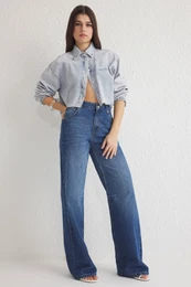 Blue Stitch Detail Normal Waist Wide Leg Jeans