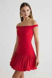 Red A-Line Carmen Collar Woven Short Dress