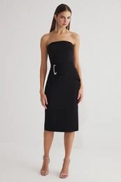 Black Body-Styling Accessory Detail Strapless Woven Midi Dress
