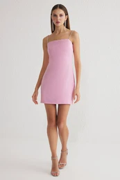 Strapless Woven Short Elegant Dress with Pink Stone Accessory Detail