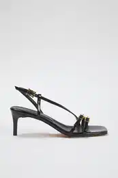 Black Patent Leather Gold Buckle Open Back Women's Heeled Sandals