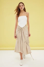 Khaki Parachute Fabric Elastic Waist Maxi Length Woven Skirt