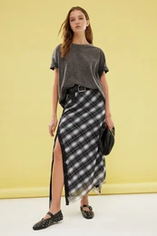 Black Plaid Patterned Tulle Lace Detailed Flexible Skirt