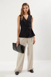Black Regular Fitted Double Breasted Belted Vest