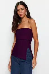 Plum Strapless Collar Side Zipper Crepe Knit Blouse