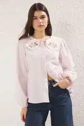 Light Pink Collar with Embroidery Detail Woven Shirt