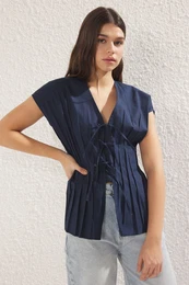 Navy Blue Fitted Waist Dart Detail Tied Woven Shirt