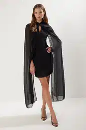 Black Body-Sit Cape Detailed Woven Elegant Evening Dress
