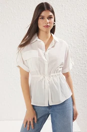 Ecru Front Tie Detail Pocket Short Sleeve Woven Shirt