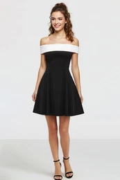 Black-White A-Cut Carmen Collar Woven Wedding/Marriage Chic Mini Evening Dress