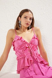 Fuchsia Ruffle Pleated Knitted Blouse