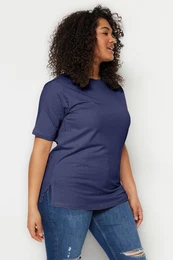 Curve Blue Petrol Boyfriend Crew Neck Slit 100% Cotton Knitted T-Shirt