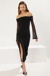 Black Body-Styling Draped Crepe Knitted Midi Chic Dress