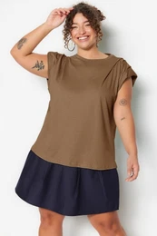 Curve Camel Crew Neck Basic 100% Cotton Knitted Plus Size Blouse