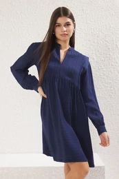 Navy Blue Relaxed Cut V Neck Mini Woven Dress