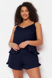 Curve Navy Blue Strap Knitted Ruffle Detail Pajama Set