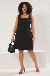 Curve Black Premium Square Collar Woven with Interlining Inside Plus Size Dress