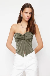 Khaki Premium Buzzy Heart Neck Gathered Crop Knit Blouse