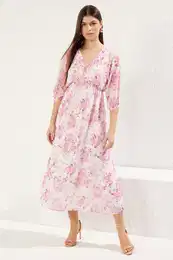 Pink Abstract Patterned Maxi Chiffon Lined Woven Dress with Open Waist Skirt
