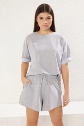 Gray Melange Oversize/Wide Pattern Thin Flexible Shorts T-shirt Knitted Bottom-Top Set