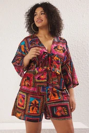 Curve Multicolored Tropical Patterned Tie Detail Beachwear Plus Size Top-Bottom Set