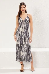 Black Printed Strappy V Neck Bodycone/Fits Body Stretchy Maxi Knit Dress