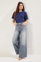 Blue Stitch Detail Normal Waist Loose Wide Leg Jeans