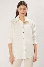 Ecru Embroidered Oversize Denim Shirt