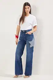 Blue Star Detailed High Waist Wide Leg Jeans