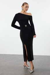 Black Plain Belted Midi Belt Detailed Body-Fitting Flexible Maxi Knit Dress