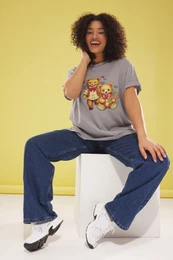 Curve Grey Crew Neck Printed Wide Cut Plus Size Knitted T-shirt