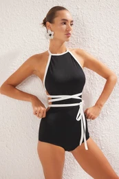 Black Barter Neck Piping Binding Detailed Regular Swimsuit