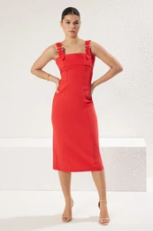 Red A Cut Adjustable Strap Detail Midi Woven Dress