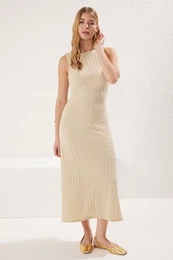 Beige Plain Backless Maxi Textured Fitted Stretch Knit Dress