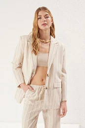 Multicolored Linen Look Oversize Striped Woven Blazer Jacket