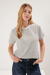 Khaki Ecru Striped Premium Basic Regular/Normal Pattern Crew Neck Knitted T-Shirt