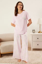Lilac Floral Jersey Knitted Pajamas Set