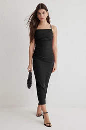 Black Gathered/Draped Detail Bodycone/Body Fitted Maxi Knit Dress