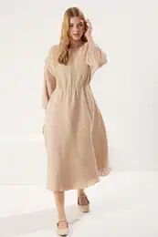 Stone Skirt with Elastic Waistband and Ribbon Accessory Detail Muslin Midi Woven Dress