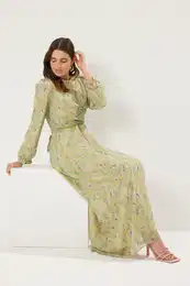Green Double Breasted Tied Chiffon Lined Woven Floral Dress
