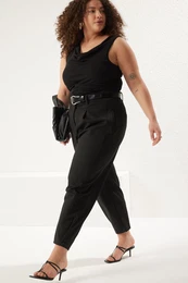 Curve Black Pleated Wide Cut High Waist Carrot Fit Interlock Knit Plus Size Trousers