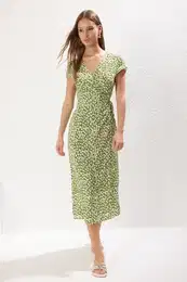 Green Floral Patterned Double Breasted Midi Woven Dress