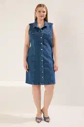 Curve Blue Shirt Collar Pocket Comfort Denim Plus Size Dress