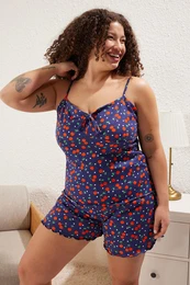 Curve Navy Blue Cherry Patterned Knitted Pajama Set