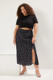 Curve Black Heart Patterned Slit Unlined Midi/Medium Length Viscose Woven Skirt