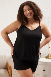 Curve Black Lace Detailed Rope Strap Viscose Knitted Pajama Set