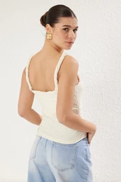 Ecru Textured Fitted/Body-Sit Twisted Sleeve Detailed Knitted Blouse