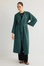 Indigo Waist Tie Detailed Linen Look Woven Kimono & Kaftan